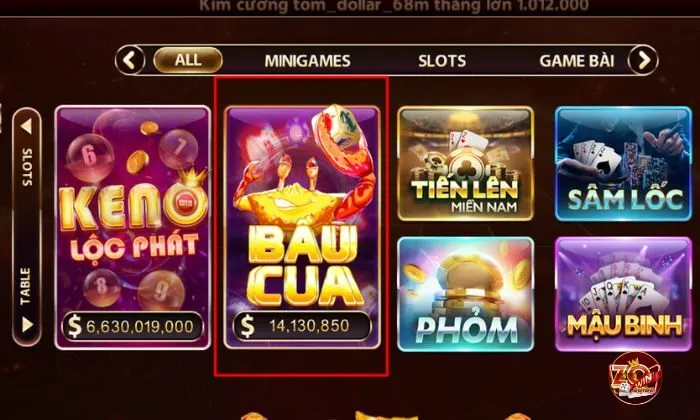 Bầu Cua Zowin Người chơi chọn Bầu Cua ngay trên giao diện cổng game Zowin