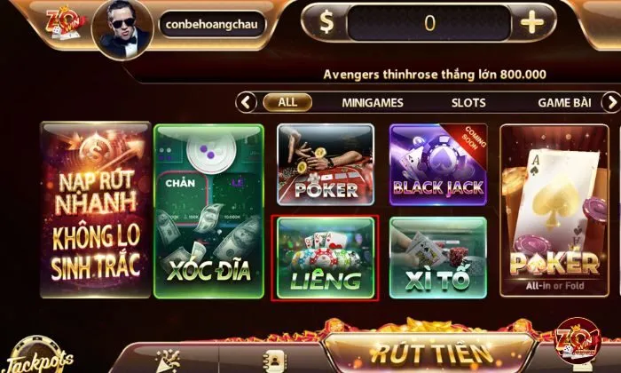 Liêng Zowin Người chơi kéo qua phải và chọn sảnh game Liêng
